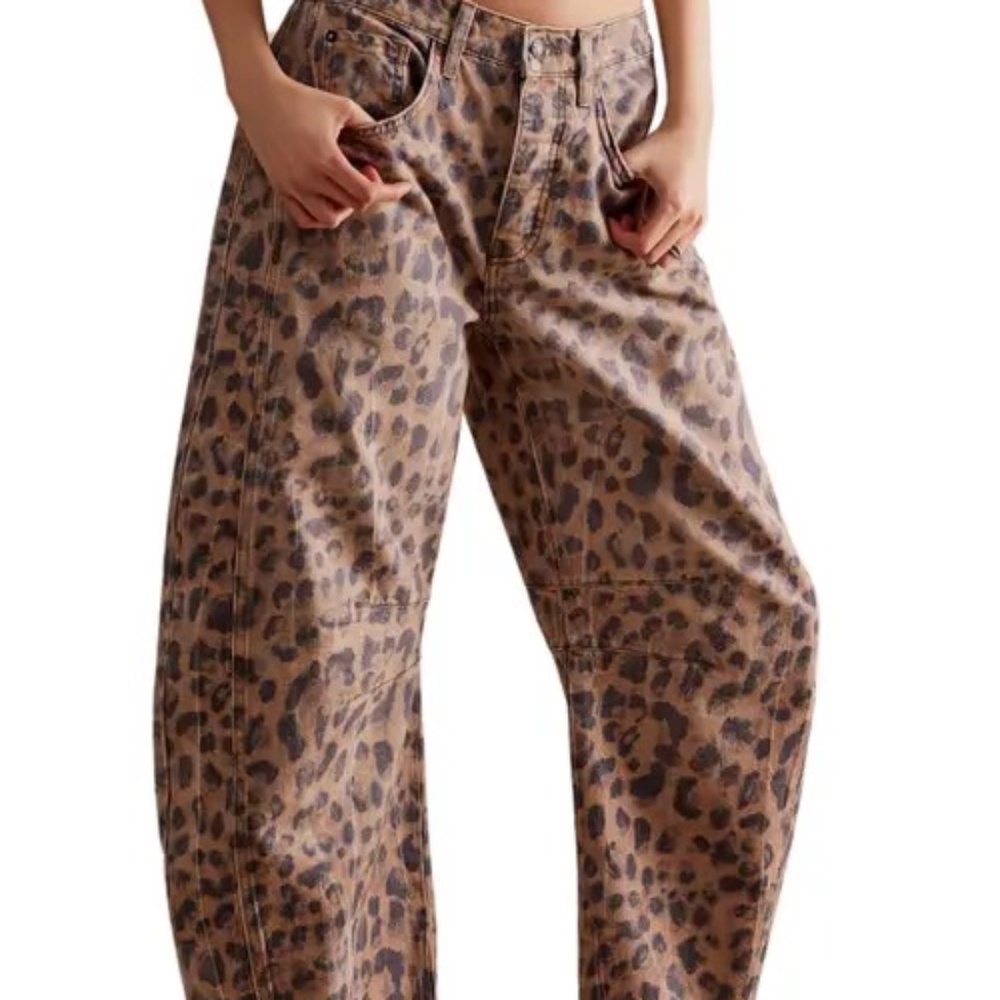 Free People Leopard  Print Barrel Leg Jeans